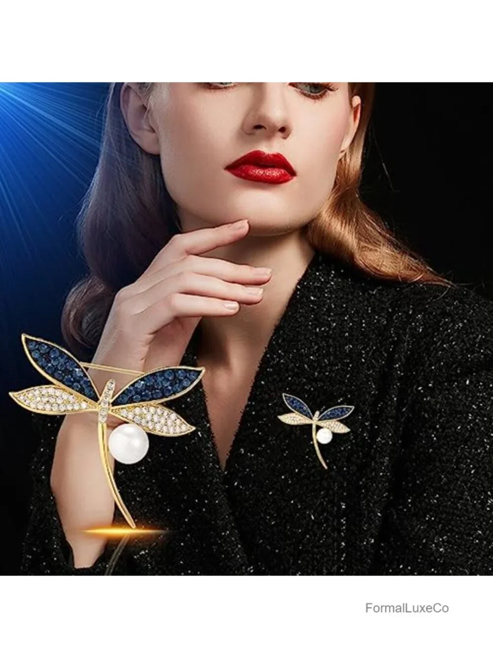 Dragonfly Brooch Pin, 18k Gold-Plated Copper, Pearl Rhinestone Crystal Brooches